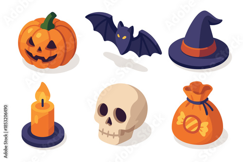 Halloween themed isometric vector icons collection features spooky elements like a jack-o-lantern, bat, witch hat, skull, candle, and candy bag for festive designs.