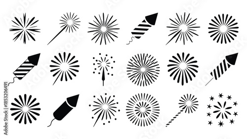 Collection of Black and White Fireworks and Sparkler Icons firework icon celebration