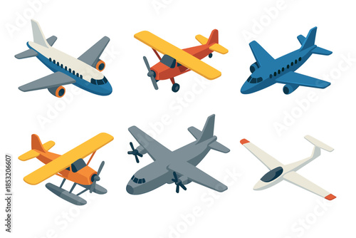 Various isometric cartoon airplanes and aircraft models collection showcasing different types of aviation vehicles for travel, cargo, and leisure activities.