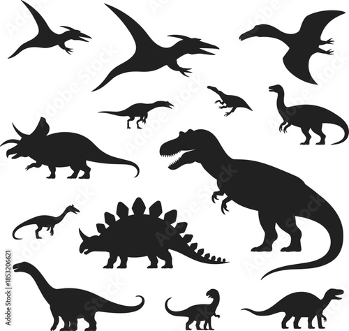 Black Dinosaur Silhouette Icons Set, Tyrannosaurus Rex, Triceratops, Stegosaurus, Pterodactyl, and Various Prehistoric Reptiles Collection for Educational Design