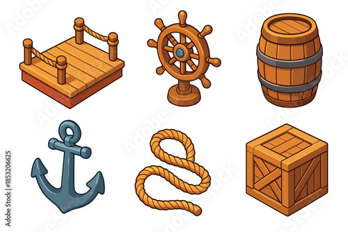 Nautical objects collection featuring various maritime elements like a wooden dock, ship's wheel, barrel, anchor, rope, and crate in a cartoon isometric style.
