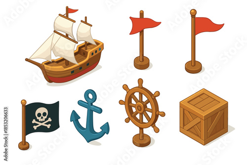 Isometric pirate ship, Jolly Roger flag, anchor, ship's wheel, and wooden crate collection for adventure and treasure hunt themes.