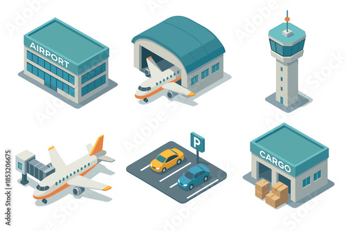 Isometric airport infrastructure elements including terminal, control tower, hangar, cargo building, and airplanes with a parking lot, representing modern air travel and logistics.