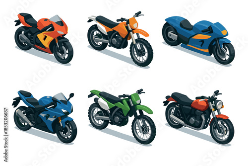 Six different colorful motorcycles representing various types of two-wheeled vehicles are presented in a clean, isometric vector illustration style.