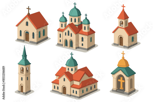 Churches and religious buildings collection featuring various isometric architectural styles and sacred structures with crosses, perfect for spiritual design projects.