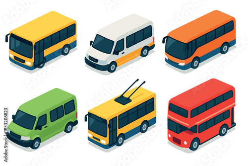 Various public transport vehicles including buses and vans are illustrated in a colorful isometric style, representing urban mobility solutions.