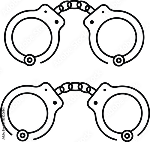 Black Handcuffs Outline Icons Set, Line Art Vector Illustration of Police Cuffs, Chain, and Detention Symbol for Security and Crime Design