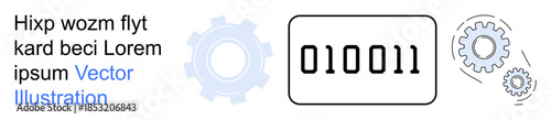 Technology advancements, digital coding, automation systems, machine processing, data flow, industrial operations. Binary code next to gear symbols. Technology advancements and digital coding concept