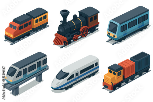 Various isometric train and rail transport vehicles are depicted in a collection of different types, showcasing modern and classic designs.