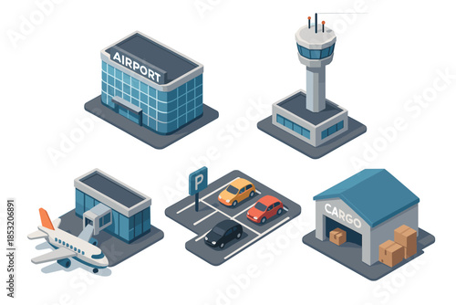Airport infrastructure elements including terminal, control tower, airplane, parking, and cargo warehouse are depicted in an isometric style.