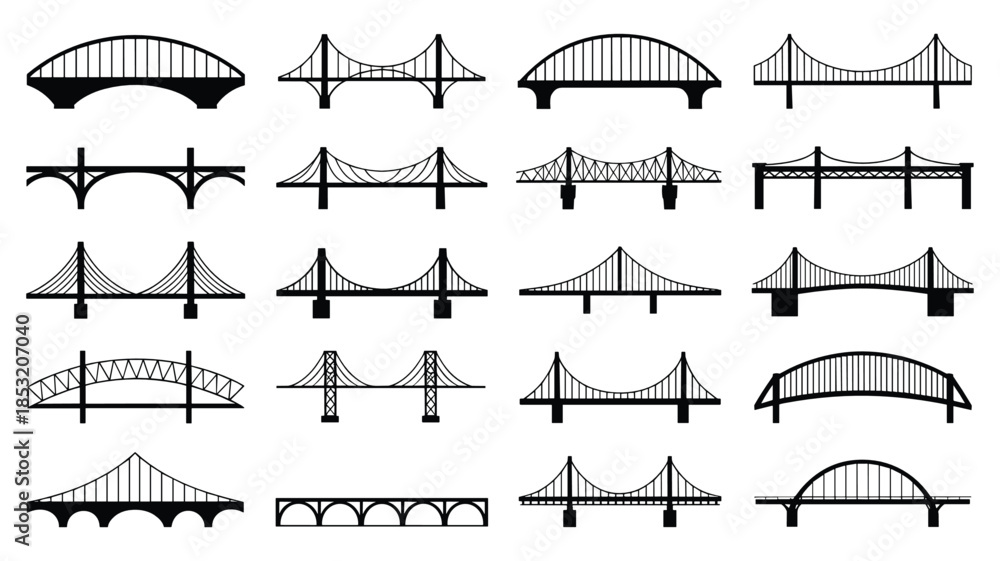 Fototapeta premium Diverse Collection of Bridge Silhouettes in Black and White architecture structure