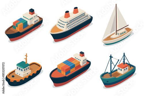 Various isometric boats and ships representing different types of watercraft for cargo, passenger transport, fishing, and recreation, illustrated in a colorful cartoon style.