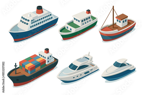 Various boats and ships collection of isometric illustrations showcasing different types of marine vessels for transportation and leisure activities.