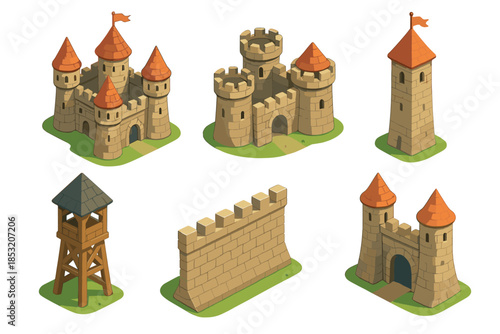 Fantasy castle elements collection featuring various isometric medieval buildings like fortresses, towers, walls, and a gatehouse, perfect for game design or storybook illustrations.