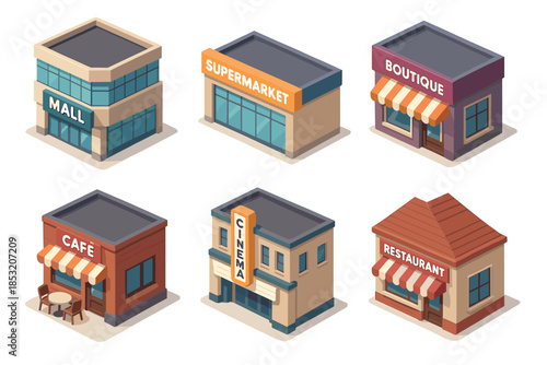 Isometric commercial buildings set featuring various shops, a mall, supermarket, boutique, cafe, cinema, and restaurant for urban business concepts.