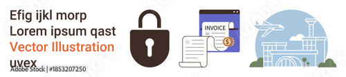 Data protection, online transactions, travel security, digital payment, business documentation, global commerce. Lock icon with invoice and airport building. Data protection and online transactions