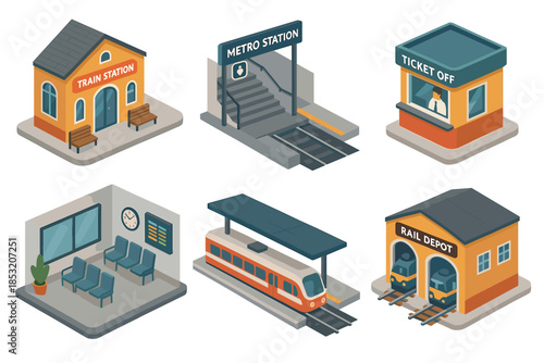 Train station and metro station isometric illustrations showcasing essential elements of urban public transport infrastructure and services.