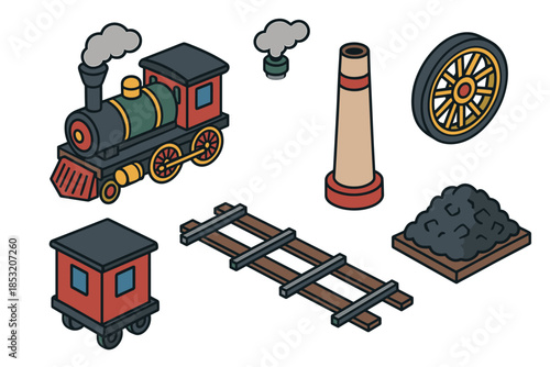 Isometric train railroad elements collection with locomotive, wagon, tracks, coal, and chimney in a charming cartoon style, perfect for transportation and industry concepts.