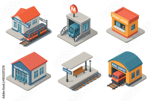 Isometric train station, subway, ticket office, waiting hall, platform, and rail depot illustrations showcasing various elements of public transportation infrastructure.