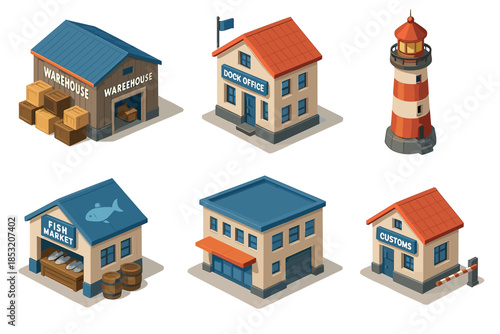 Various isometric port buildings and structures essential for maritime trade, logistics, and coastal services, presented in a charming cartoon illustration.