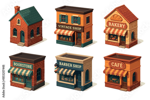 Isometric cartoon buildings collection featuring various charming small businesses and a house, rendered in a delightful, colorful, and detailed 3D style.