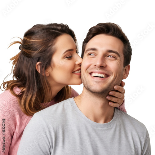 A tender moment of affection shared between a couple, as a woman gently kisses a man's cheek, evoking feelings of romance and connection. png transparent background
