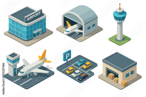 Airport infrastructure elements are illustrated in a detailed isometric view, showcasing a terminal building, hangar, control towers, airplane, and a parking lot.