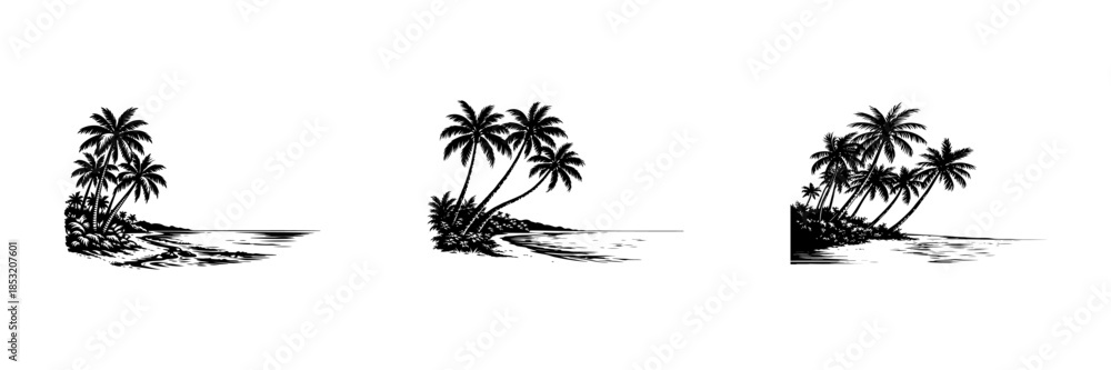 Fototapeta premium Tropical Palm Tree Beach Silhouette Collection with Ocean Waves