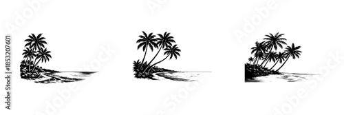 Tropical Palm Tree Beach Silhouette Collection with Ocean Waves