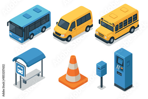 Various isometric transportation vehicles and urban elements including buses, a van, bus stop, traffic cone, and payment machines.