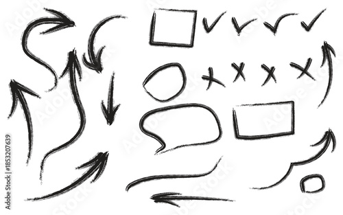 A set of various hand drawn shapes and arrows isolated on transparent background forming a creative silhouette