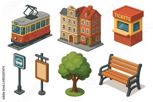 Isometric city infrastructure elements collection featuring a tram, buildings, ticket booth, signs, tree, and park bench for urban design.