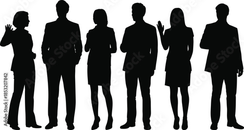 Black silhouettes of diverse business professional group standing together, corporate team members, men and women, isolated on white background, teamwork