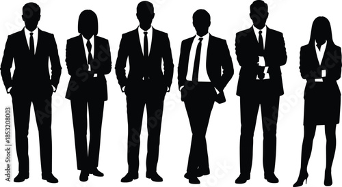 Black silhouettes of professional business team standing in a row, diverse corporate group, leadership concept, isolated on a white background