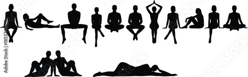 Black Silhouettes Set of People Sitting and Lying Down in Various Relaxed Poses Vector Illustration Isolated on White Background for Design