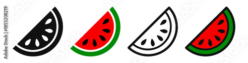 Watermelon slice icon set. Water melon fruit symbol in outline and flat styles. Ripe and juicy watermelon vector illustration. Fresh watermelon fruit pictogram isolated.