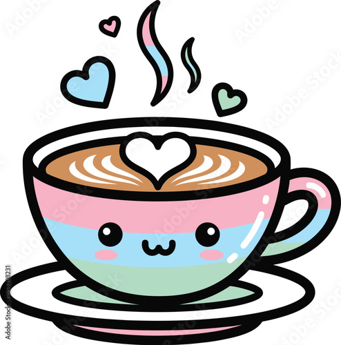 Kawaii Smiling Coffee Cup with Latte Art and Hearts Vector Illustration