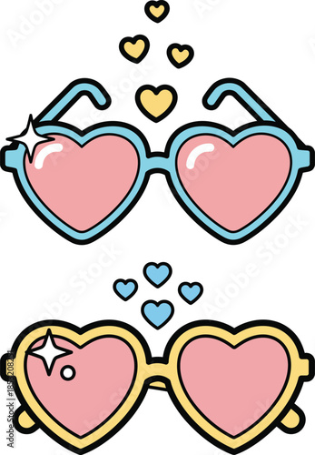 Cute Heart Sunglasses Set with Pink Lenses, Teal and Yellow Frames