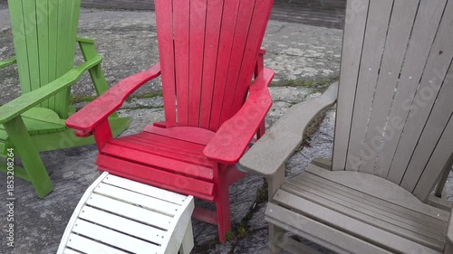 Stockholm, Sweden. Colourful deck chairs in winter on a patio. 