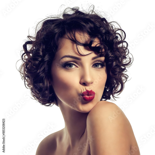 A woman with elegant curly hair blows a kiss, exuding confidence, and the beauty of femininity. The photo focuses on her captivating gaze and radiant skin. png transparent background