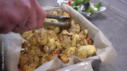 Stockholm, Sweden A cook turns over roasted cauliflower in an oven dish. 