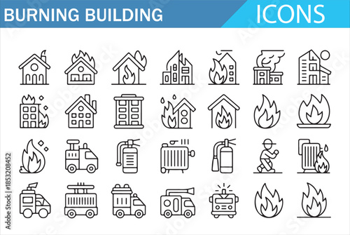 Burning Building and Fire Emergency Icons Set, Outline Line Style Firefighter, Fire Truck, Alarm, Extinguisher and Disaster Safety Vector Illustration