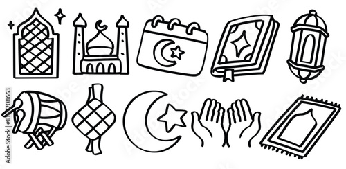 Set of hand drawn Islamic and Ramadan theme Isolated Vector