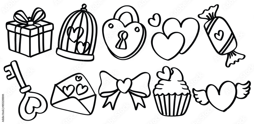 Fototapeta premium Set of hand drawn Valentines Day love theme Isolated Vector