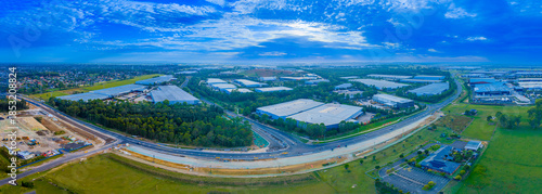 Photography Drone aerial panoramic photograph of some of the buildings in the large industrial precinct of Kemps Creek in western Sydney in New South Wales, Australia