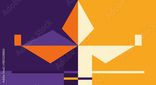 Abstract Geometric Design with Symmetrical Color Division and Sharp Angles.