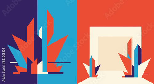 Abstract Geometric Plants and Doorway Illustration with Contrasting Colors.