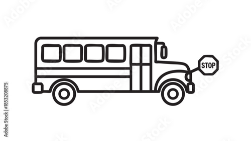 Black and white outline of a school bus with stop sign extended Keywords: school bus