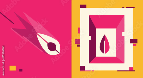 Abstract graphic design featuring a stylized seed or leaf motif.