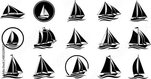 Set of sail boat vector icons. Black silhouette with sailboat and sea wave. Nautical yacht or sailboat.
